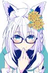  1girl ahoge animal_ear_fluff animal_ears aqua_background aqua_eyes black-framed_eyewear blush braid closed_mouth commentary detached_sleeves earrings eyebrows_visible_through_hair flower fox_ears glasses hair_between_eyes hair_flower hair_ornament hand_to_own_mouth hololive jewelry long_hair looking_at_viewer senhaku shirakami_fubuki side_braid simple_background smile solo sunflower two-tone_background upper_body virtual_youtuber white_background white_hair white_hoodie 