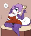  2020 3_toes 4_fingers anthro beverage big_breasts blue_sclera breasts cleavage clothed clothing dialogue digital_media_(artwork) dress female fifi_la_fume fingers fur glass hair hair_over_eye hi_res holding_object joaoppereiraus looking_at_viewer mammal mephitid multicolored_body multicolored_fur one_eye_obstructed open_mouth panties pink_nose purple_body purple_fur purple_hair signature skunk solo speech_bubble talking_to_viewer tiny_toon_adventures toes underwear warner_brothers white_body white_fur 