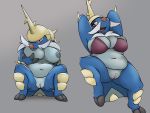 4:3 anthro anthrofied big_breasts bottomless breasts clothed clothing curvy_figure digital_media_(artwork) female genitals hi_res honeymono looking_at_viewer nintendo nude open_mouth overweight pok&eacute;mon pok&eacute;mon_(species) pok&eacute;morph pussy samurott simple_background slightly_chubby smile solo thick_thighs topwear video_games voluptuous 