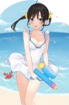  1girl ahoge bangs bare_arms bare_shoulders beach black_hair blush breasts bunny_hair_ornament cleavage collarbone commentary_request crab eyebrows_visible_through_hair fang hair_ornament highres holding inanami looking_at_viewer medium_breasts ocean open_mouth original short_hair solo swimsuit twintails water_drop water_gun white_swimsuit 