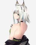  1girl animal_ear_fluff animal_ears arknights backless_dress backless_outfit bangs bare_back bare_shoulders black_choker blush breasts choker commentary dress english_commentary eyebrows_visible_through_hair from_behind green_dress green_eyes grey_background hair_intakes highres kal&#039;tsit_(arknights) looking_at_viewer looking_back ore_lesion_(arknights) pokarii_zuu short_hair silver_hair simple_background small_breasts solo upper_body 