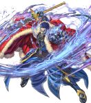  1boy alternate_costume armor armored_boots ashnard_(fire_emblem) aura beard belt blue_hair boots cape electricity facial_hair fire_emblem fire_emblem:_path_of_radiance fire_emblem_heroes full_body fur_trim gloves glowing glowing_eyes highres izuka_daisuke official_art open_mouth red_eyes solo sword teeth transparent_background weapon 