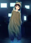  1girl animal_costume asymmetrical_hair bear_costume brown_eyes brown_hair computer gunshou hair_ornament hairclip iwakura_lain looking_at_viewer serial_experiments_lain short_hair solo x_hair_ornament 