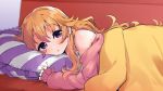  1girl bangs blanket blonde_hair character_request commentary_request eyebrows_visible_through_hair hair_between_eyes hair_ornament hairclip jacket konoe_kanata long_hair looking_at_viewer love_live! love_live!_school_idol_project lying off-shoulder_jacket on_side pillow pink_jacket purple_eyes shirt solo totoki86 white_shirt 