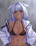  1girl abs animal_ears bangs bare_shoulders bikini black_bikini blue_eyes body_markings breasts caenis_(fate) cleavage collarbone dark_skin dog_tags fate/grand_order fate_(series) grin hair_intakes highres jacket large_breasts long_sleeves looking_at_viewer mikan_(chipstar182) open_clothes open_jacket smile solo studded_jacket swimsuit tattoo white_hair white_jacket 