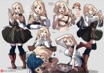  2girls annette_fantine_dominic artist_name blonde_hair blue_eyes blue_legwear blush boots bow breasts cleavage closed_eyes closed_mouth cookie english_text fire_emblem fire_emblem:_three_houses flower food from_side garreg_mach_monastery_uniform grey_background hair_bow highres kinkymation long_hair long_sleeves low_ponytail mercedes_von_martritz multiple_girls multiple_views one_eye_closed open_mouth orange_hair simple_background table thighhighs tray uniform watermark web_address 