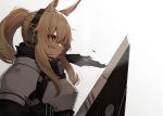  1girl absurdres animal_ear_fluff animal_ears arknights armor bangs blonde_hair breastplate brown_eyes commentary from_side gradient gradient_background grey_background headphones highres long_hair nearl_(arknights) nemomo pauldrons ponytail shield sidelocks solo upper_body white_background 