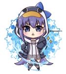  1girl :&lt; animal_hood bangs black_jacket blue_bow blue_eyes blush bow chibi commentary_request eyebrows_behind_hair fate/grand_order fate_(series) full_body hair_between_eyes hood hood_up hooded_jacket jacket long_sleeves looking_at_viewer meltryllis meltryllis_(swimsuit_lancer)_(fate) parted_lips penguin_hood popo_(popopuri) purple_hair sleeves_past_fingers sleeves_past_wrists solo sparkle standing star triangle_mouth twitter_username v-shaped_eyebrows 