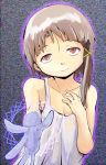  1girl asymmetrical_hair breasts brown_eyes brown_hair cleavage closed_mouth dress hair_ornament hairclip iwakura_lain looking_at_viewer sasaki_bullet serial_experiments_lain short_hair smile solo white_dress x_hair_ornament 