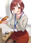  1girl :t bangs beige_sweater blurry blurry_background blush box breasts brown_eyes brown_hair brown_legwear closed_mouth coffee coffee_cup cup depth_of_field disposable_cup doushimasho eating food formal grey_sweater highres holding holding_food id_card lanyard large_breasts long_hair long_sleeves looking_at_viewer low_ponytail office_lady original pantyhose pencil_skirt ponytail red_skirt ribbed_sweater sidelocks sitting skirt sleeves_past_wrists sweat sweater wavy_mouth 