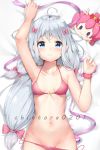  1girl ahoge armpits artist_name bangs bare_shoulders bikini blue_eyes blush bow breasts chintora0201 collarbone commentary_request eromanga_sensei eyebrows_visible_through_hair hair_bow izumi_sagiri long_hair looking_at_viewer low-tied_long_hair lying medium_breasts navel on_back pillow pink_bikini pink_bow silver_hair solo swimsuit 