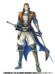  1boy belt black_gloves black_hair company_name copyright_name full_body gloves greaves green_legwear highres holding holding_sword holding_weapon ishibashi_yosuke katana male_focus official_art pants sandals sengoku_basara serious sheath sheathed solo standing sword vest watermark weapon 