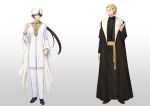  2boys beard black_footwear black_hair blonde_hair elf facial_hair gold_trim long_sleeves male_focus master_of_the_deep_sea_nova multiple_boys pants pixiv_fantasia pixiv_fantasia_age_of_starlight pointy_ears ponytail shima108 simple_background standing trade_king_farid turban white_pants 