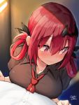  1girl black_shirt blush breasts cleavage closed_mouth collarbone collared_shirt gabriel_dropout hair_ornament hair_ribbon hair_rings highres kurumizawa_satanichia_mcdowell large_breasts long_hair looking_away necktie oekakizuki red_eyes red_hair ribbon shirt signature solo_focus sweat 