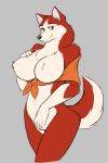  5_fingers anthro anthrofied balto_(film) big_breasts biped black_nose breasts canid canine canis chest_tuft clothing countershading curvy_figure domestic_dog female fingers fluffy fluffy_tail fur grey_background hi_res hip_tuft hourglass_figure huge_breasts husky jenna_(balto) looking_at_viewer mammal mostly_nude multicolored_body multicolored_fur naturally_censored navel nipple_tuft nordic_sled_dog orange_clothing orange_eyes orange_topwear portrait red_body red_fur simple_background smile solo spitz standing starfighter three-quarter_portrait topwear tuft two_tone_body two_tone_fur two_tone_tail white_body white_countershading white_fur wide_hips 