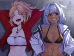  2girls abs animal_ears arms_behind_head arms_up bandeau bangs bare_shoulders bikini black_bikini blue_eyes blush body_markings braid breasts caenis_(fate) cleavage closed_eyes collarbone dark_skin dog_tags fate/apocrypha fate/grand_order fate_(series) french_braid grin hair_intakes jacket jewelry large_breasts long_hair long_sleeves looking_at_viewer mikan_(chipstar182) mordred_(fate) mordred_(fate)_(all) multiple_girls necklace open_clothes open_jacket open_mouth parted_bangs pendant ponytail red_jacket sidelocks small_breasts smile studded_jacket swimsuit tattoo white_hair white_jacket 