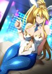  1girl ahoge animal_ears artoria_pendragon_(all) artoria_pendragon_(swimsuit_ruler)_(fate) bangs bare_shoulders blonde_hair blue_legwear blue_neckwear blush braid breasts bunny_ears bunnysuit cleavage closed_mouth cocktail_glass collarbone cup detached_collar drinking_glass fate/grand_order fate_(series) fishnet_legwear fishnets french_braid green_eyes hair_between_eyes hera_(hara0742) highleg highleg_leotard highres large_breasts leotard long_hair looking_at_viewer navel navel_cutout necktie ponytail revision sidelocks sitting smile solo thighs tiara white_leotard wrist_cuffs 