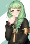  1girl bow fire_emblem fire_emblem:_three_houses flayn_(fire_emblem) garreg_mach_monastery_uniform green_eyes green_hair grin hair_ornament highres long_hair long_sleeves rpp_pic simple_background smile solo uniform upper_body 