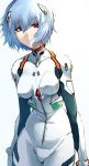  1girl absurdres ayanami_rei blue_hair bodysuit breasts closed_mouth commentary_request cowboy_shot fujitsubo_(hujitubo0731) hair_ornament highres looking_at_viewer medium_breasts neon_genesis_evangelion number plugsuit red_eyes short_hair simple_background smile solo white_background white_bodysuit 