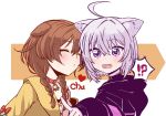  !? 2girls :3 ahoge animal_ears black_choker black_hoodie blush braid brown_hair cat_ears choker closed_eyes commentary dog_ears dress eyebrows_visible_through_hair fang hair_between_eyes heart hololive imminent_kiss index_finger_raised inugami_korone jacket lavender_hair looking_at_viewer medium_hair multiple_girls nekomata_okayu open_mouth orange_background pointing pointing_at_viewer puckered_lips purple_eyes red_choker senhaku short_hair side_braids simple_background twin_braids upper_body white_background white_dress yellow_jacket yuri 