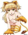  1girl :d all_fours animal_ears bangs bikini blonde_hair blush breasts eyebrows_visible_through_hair fangs gloves green_eyes idolmaster idolmaster_cinderella_girls jougasaki_rika lion_ears lion_tail long_hair looking_at_viewer micro_bikini navel nipples one_breast_out open_mouth simple_background smile solo striped striped_legwear swimsuit tail thighhighs two_side_up white_background yellow_bikini yukimasa_(nkk145) 