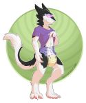  alpha_channel anthro bodily_fluids claws diaper digitigrade eyewear genital_fluids glasses hi_res hypnosis male mind_control pawpads sergal shirt_up solo standing urine watermark wet_diaper wetting wolfen2 
