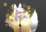  absurd_res anthro blue_eyes blush breasts canid canine clothed clothing female front_view fur grey_body grey_fur grey_tail hair hi_res highlights_(coloring) holding_object mammal open_mouth red_highlights signature solo sweater tongue topwear ukenya white_body white_fur white_tail 