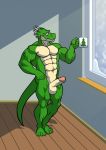 anthro balls christmas christmas_tree claws cup dilgearwolfang dragon erection genitals green_body green_skin grizard hi_res holidays horn inside kodiak079 male muscular nude penis red_eyes scalie snow solo tree western_dragon white_body window 