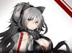  1girl animal_ears arknights bangs blush breasts cat_ears cleavage commentary ekuesu eyebrows_visible_through_hair grey_background hair_between_eyes jacket large_breasts long_hair looking_at_viewer open_clothes open_jacket schwarz_(arknights) see-through silver_hair solo upper_body yellow_eyes 