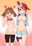  2girls absurdres areolae bangs bike_shorts black_shorts blue_eyes blush breasts brown_hair cameltoe cleavage covered_nipples fuuro_(pokemon) gradient gradient_background gym_leader hair_ornament hair_ribbon haruka_(pokemon) highres large_breasts long_hair looking_at_viewer midriff multiple_girls navel nipples open_mouth pokemon pussy red_hair ribbon short_hair shorts sidelocks smile sweatdrop tagme toranoe uncensored unzipped 