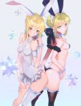  2girls animal_ears arm_strap artoria_pendragon_(all) artoria_pendragon_(swimsuit_rider_alter) ass-to-ass bare_shoulders bikini black_legwear blonde_hair breasts bunny_ears bunny_tail fate/grand_order fate/stay_night fate_(series) frilled_bikini frilled_legwear frills hair_bun hair_ribbon highres maid_headdress multiple_girls ribbon saber saber_alter single_thighhigh small_breasts swimsuit tail thigh_strap thighhighs yaku_(ziroken) yellow_eyes 