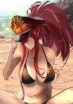  1girl bangs bare_shoulders beach bikini black_bikini blush breasts cleavage closed_mouth collarbone family_crest fate/grand_order fate_(series) hair_over_one_eye hat jikihatiman koha-ace large_breasts long_hair looking_at_viewer navel oda_nobunaga_(fate)_(all) oda_nobunaga_(maou_avenger)_(fate) oda_uri peaked_cap ponytail red_eyes red_hair sand sidelocks smile solo spread_legs swimsuit thighs 