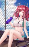  1girl azur_lane bag bangs bare_legs bare_shoulders black_panties blue_sky bottle breasts bremerton_(azur_lane) bremerton_(scorching-hot_training)_(azur_lane) chain-link_fence cleavage cloud collarbone collared_shirt commentary cowboy_shot crop_top crop_top_overhang day eyebrows_visible_through_hair fence green_skirt grey_hair guaishou_ling_shi hair_intakes hair_ornament hairclip hand_up highres holding holding_bottle large_breasts long_hair looking_at_viewer midriff multicolored_hair navel no_mole ocean panties pantyshot pink_eyes pink_hair racket shadow shirt sidelocks sitting skirt sky sleeveless sleeveless_shirt solo sportswear streaked_hair tennis_racket tennis_uniform triangle_mouth twintails two-tone_hair two-tone_shirt two-tone_skirt underwear water_bottle wet wet_clothes wet_shirt white_shirt white_skirt x_hair_ornament 
