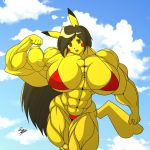  1:1 abs anthro big_breasts big_muscles bikini breasts brown_eyes brown_hair clothing cloud hair huge_breasts huge_muscles hyper hyper_muscles long_hair lunardiaries muscular nintendo pikachu pok&eacute;mon pok&eacute;mon_(species) signature sky solo swimwear video_games yellow_body 