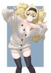  alternate_costume armpits black_legwear blonde_hair blue_background blue_eyes border breasts commentary_request feet_out_of_frame gambier_bay_(kantai_collection) hairband highres kantai_collection large_breasts oversized_clothes skindentation smile sweater t2r thighhighs twintails unbuttoned white_border 