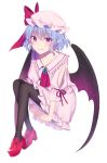  1girl asa_(coco) ascot bangs bat_wings black_legwear blue_hair blush bow brooch collarbone commentary_request dress eyebrows_visible_through_hair frilled_shirt_collar frills hair_between_eyes hat hat_bow highres jewelry looking_at_viewer mob_cap pantyhose pink_dress pink_headwear pointy_ears puffy_short_sleeves puffy_sleeves red_bow red_eyes red_footwear red_neckwear remilia_scarlet shoes short_dress short_hair short_sleeves simple_background solo touhou white_background wings 
