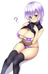  1girl ? bikini black_legwear blush breasts cleavage clothes_lift eyepatch_bikini green_eyes highres large_breasts lavender_hair original purple_bikini sitting solo sweater sweater_lift swimsuit thighhighs watari1118 