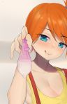  1girl aqua_eyes blush breasts cleavage collarbone condom cum eyebrows_visible_through_hair gatchan holding kasumi_(pokemon) licking_lips looking_at_viewer orange_hair pokemon smile solo suspenders tongue tongue_out upper_body used_condom 