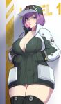  1girl a-1_bloody_panther absurdres asymmetrical_bangs bangs blue_eyes breasts bubble_blowing chewing_gum cleavage ett01024 green_legwear hands_in_pockets hat highres huge_filesize jacket large_breasts last_origin looking_at_viewer looking_down medium_hair purple_hair solo thighhighs 