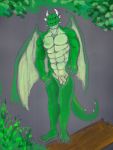  3:4 anthro balls butt claws dragon flaccid genitals grey_background grizard hi_res horn kiolions kodiak079 leaf male muscular nude penis portrait red_eyes scalie simple_background solo western_dragon wings wood 