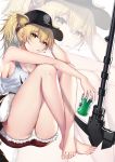  1girl absurdres animal_ear_fluff animal_ears arknights bangs bare_arms bare_legs bare_shoulders barefoot baseball_cap blonde_hair breasts can cigarette cleavage crossed_legs duan_s ears_through_headwear eyebrows_visible_through_hair fur-trimmed_shorts fur_trim hair_between_eyes hammer hand_up hat highres holding holding_can lion_ears long_hair looking_at_viewer mouth_hold ponytail red_shorts short_shorts shorts siege_(arknights) sitting smoke smoking solo tank_top thighs white_background white_tank_top yellow_eyes zoom_layer 