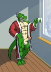  anthro balls bathrobe christmas christmas_tree claws clothing cup dilgearwolfang dragon dress erection genitals grizard hi_res holidays horn inside kodiak079 male muscular penis red_clothing red_dress red_eyes robe scalie snow solo tree western_dragon window 