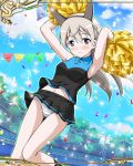  1girl artist_request bangs blonde_hair blush breasts character_request eyebrows_visible_through_hair fence holding holding_pom_poms long_hair looking_at_viewer official_art panties pom_poms sky solo strike_witches striped teeth track_and_field tree underwear world_witches_series 