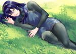 1girl ameno_(a_meno0) black_bodysuit blue_eyes blue_hair bodysuit day fire_emblem fire_emblem_awakening grass hair_between_eyes hairband long_hair long_sleeves looking_at_viewer lucina_(fire_emblem) lying on_side open_mouth outdoors shiny shiny_hair smile solo 