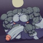  1:1 5_fingers 5_toes anthro balls big_balls big_muscles big_penis bobert canid canine canis erection fingers flexing fur genitals grey_body grey_fur grin hi_res holding_object huge_balls huge_muscles huge_penis hyper hyper_balls hyper_genitalia hyper_muscles hyper_pecs hyper_penis looking_at_viewer male mammal melee_weapon moon muscular night nipples nude penis sky smile solo star starry_sky sword sword_in_mouth toes weapon wolf 