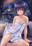  1girl akemiho_tabi_nikki bangs black_hair breasts brown_eyes collarbone eyebrows_visible_through_hair highres kouno_hikaru naked_towel night onsen short_hair sitting small_breasts smile solo towel water 