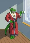  anthro bathrobe christmas christmas_tree claws clothing cup dilgearwolfang dragon dress grizard hi_res holidays horn inside kodiak079 male muscular red_clothing red_dress red_eyes robe scalie snow solo tree western_dragon window 