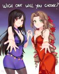  2girls absurdres aerith_gainsborough bangs bare_shoulders black_hair bow bowtie breasts brown_hair cleavage closed_mouth crescent crescent_earrings curvy dress drill_locks earrings final_fantasy final_fantasy_vii final_fantasy_vii_remake flower green_eyes hair_flower hair_ornament hair_ribbon hands_together highres jewelry lips long_hair looking_at_viewer multiple_girls necklace open_hand outstretched_hand red_dress red_eyes ribbon sleeveless smile star star_necklace take_your_pick text_focus tifa_lockhart yaya_chan 