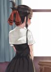  1girl black_dress black_hair blush collared_dress commentary_request curtains day dress folded_ponytail hair_ribbon highres indoors kaguya-sama_wa_kokurasetai_~tensai-tachi_no_renai_zunousen~ looking_at_viewer looking_back profile red_eyes red_ribbon ribbon rin2008 school_uniform shinomiya_kaguya shirt short_sleeves sidelocks sleeveless sleeveless_dress solo standing sunlight white_shirt window 