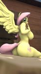  3d_(artwork) 9:16 anthro anthrofied big_breasts big_butt breasts butt camchao digital_media_(artwork) equid equine female fluttershy_(mlp) friendship_is_magic hi_res looking_at_viewer looking_back mammal my_little_pony nude pegasus sitting solo wings 